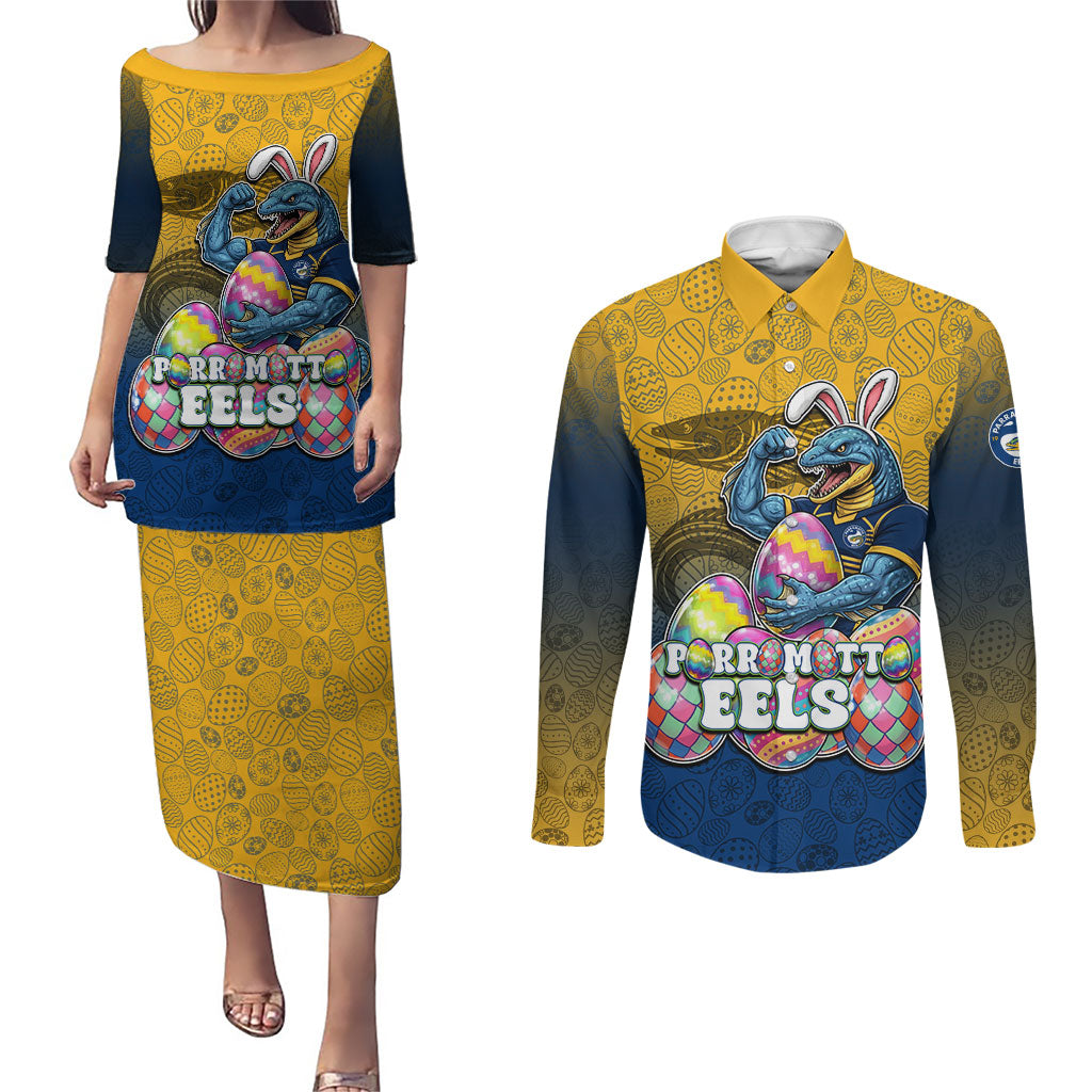 Personalized Parramatta Eels Couples Matching Puletasi and Long Sleeve Button Shirt Easter Mascot - Colorful Eggs Cartoon Style