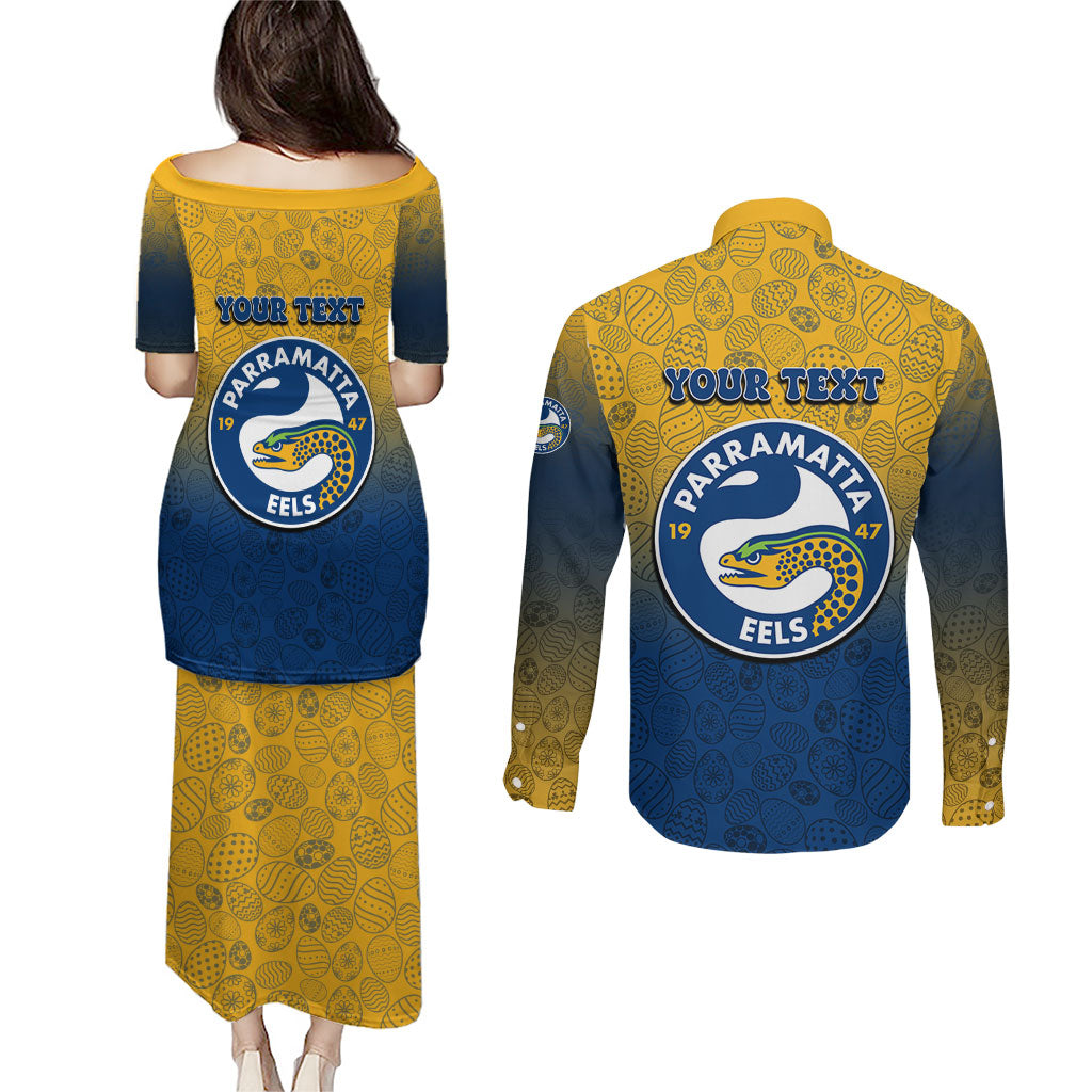 Personalized Parramatta Eels Couples Matching Puletasi and Long Sleeve Button Shirt Easter Mascot - Colorful Eggs Cartoon Style