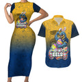 Personalized Parramatta Eels Couples Matching Short Sleeve Bodycon Dress and Hawaiian Shirt Easter Mascot - Colorful Eggs Cartoon Style