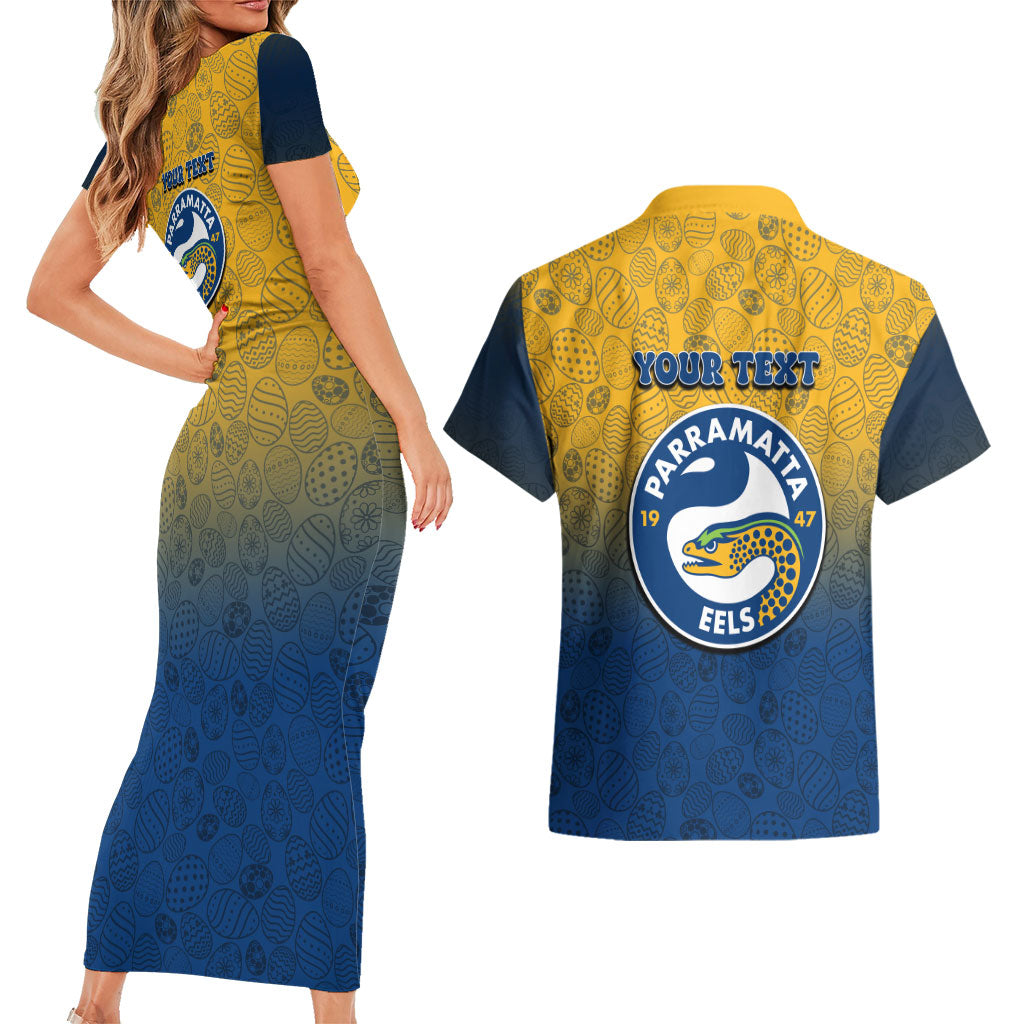 Personalized Parramatta Eels Couples Matching Short Sleeve Bodycon Dress and Hawaiian Shirt Easter Mascot - Colorful Eggs Cartoon Style