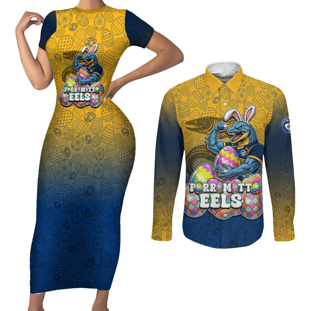 Personalized Parramatta Eels Couples Matching Short Sleeve Bodycon Dress and Long Sleeve Button Shirt Easter Mascot - Colorful Eggs Cartoon Style