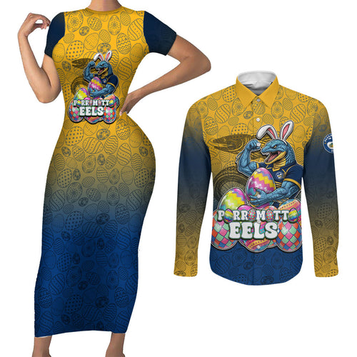 Personalized Parramatta Eels Couples Matching Short Sleeve Bodycon Dress and Long Sleeve Button Shirt Easter Mascot - Colorful Eggs Cartoon Style