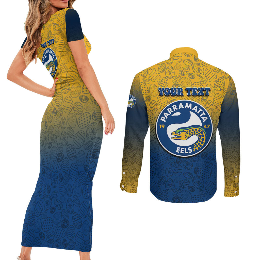 Personalized Parramatta Eels Couples Matching Short Sleeve Bodycon Dress and Long Sleeve Button Shirt Easter Mascot - Colorful Eggs Cartoon Style