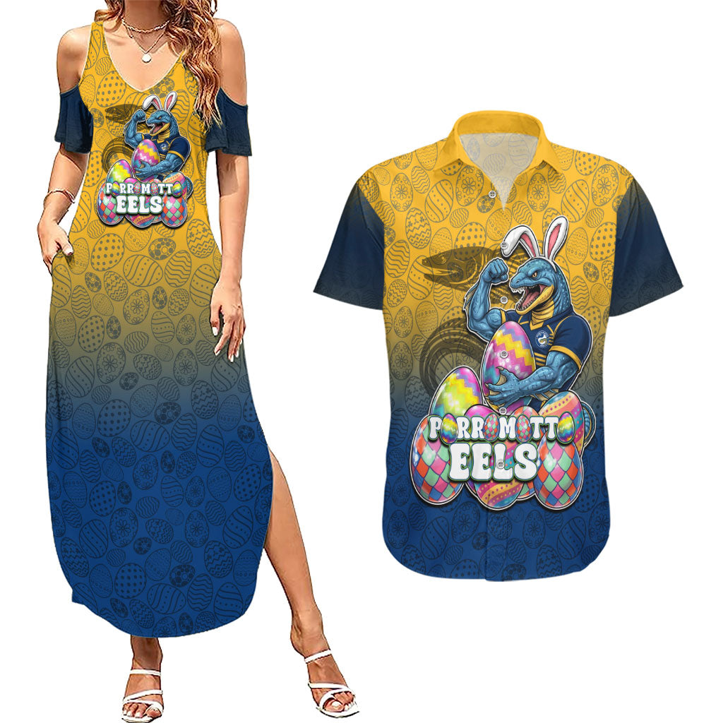 Personalized Parramatta Eels Couples Matching Summer Maxi Dress and Hawaiian Shirt Easter Mascot - Colorful Eggs Cartoon Style