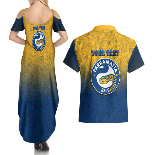 Personalized Parramatta Eels Couples Matching Summer Maxi Dress and Hawaiian Shirt Easter Mascot - Colorful Eggs Cartoon Style