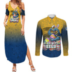 Personalized Parramatta Eels Couples Matching Summer Maxi Dress and Long Sleeve Button Shirt Easter Mascot - Colorful Eggs Cartoon Style