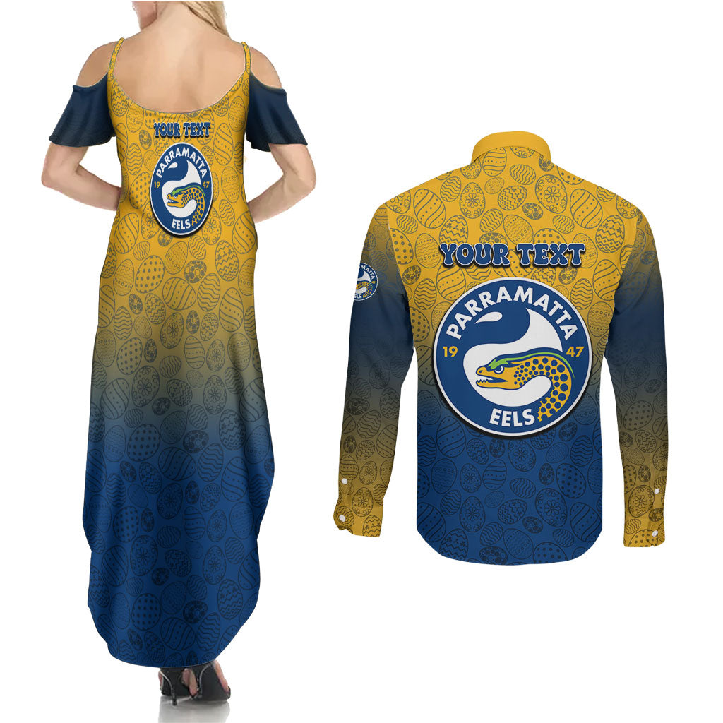 Personalized Parramatta Eels Couples Matching Summer Maxi Dress and Long Sleeve Button Shirt Easter Mascot - Colorful Eggs Cartoon Style