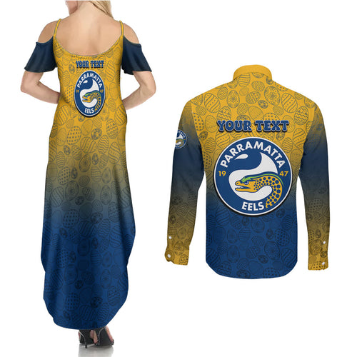 Personalized Parramatta Eels Couples Matching Summer Maxi Dress and Long Sleeve Button Shirt Easter Mascot - Colorful Eggs Cartoon Style