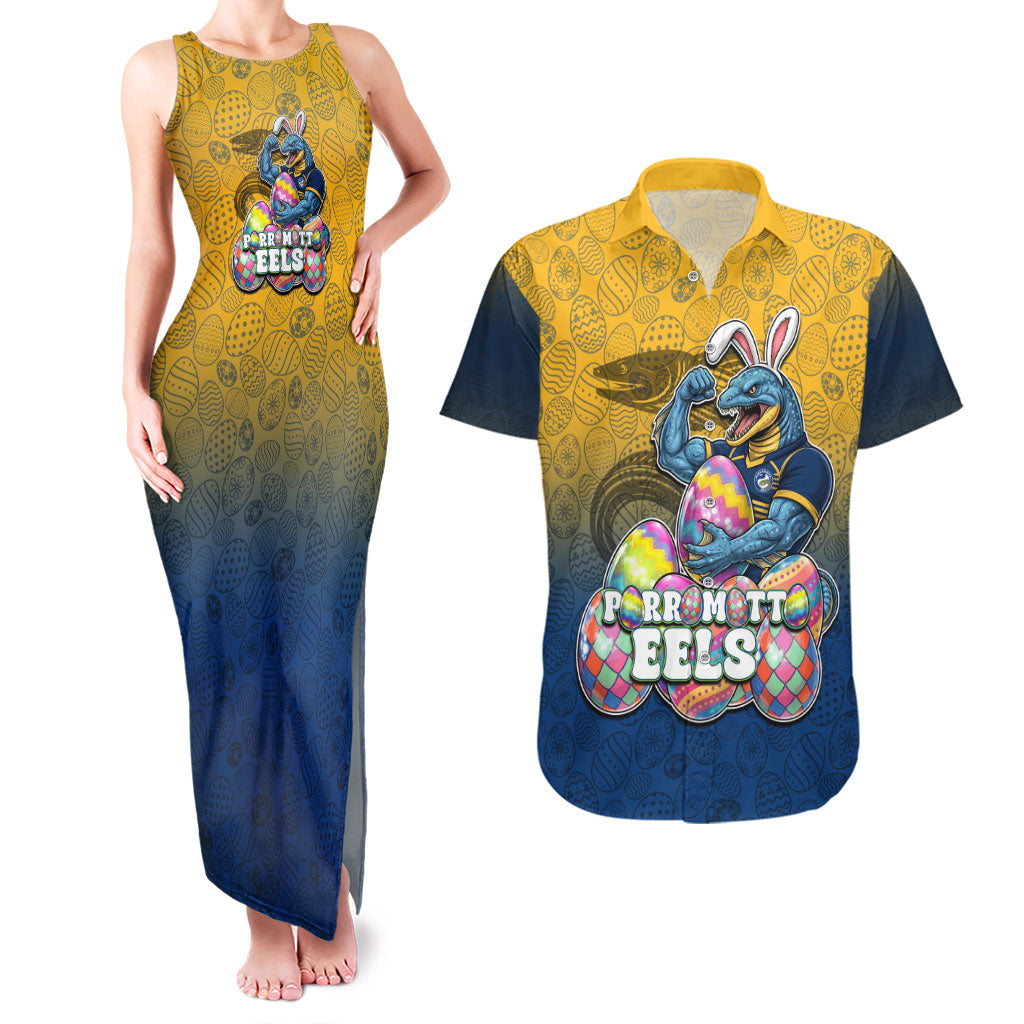 Personalized Parramatta Eels Couples Matching Tank Maxi Dress and Hawaiian Shirt Easter Mascot - Colorful Eggs Cartoon Style