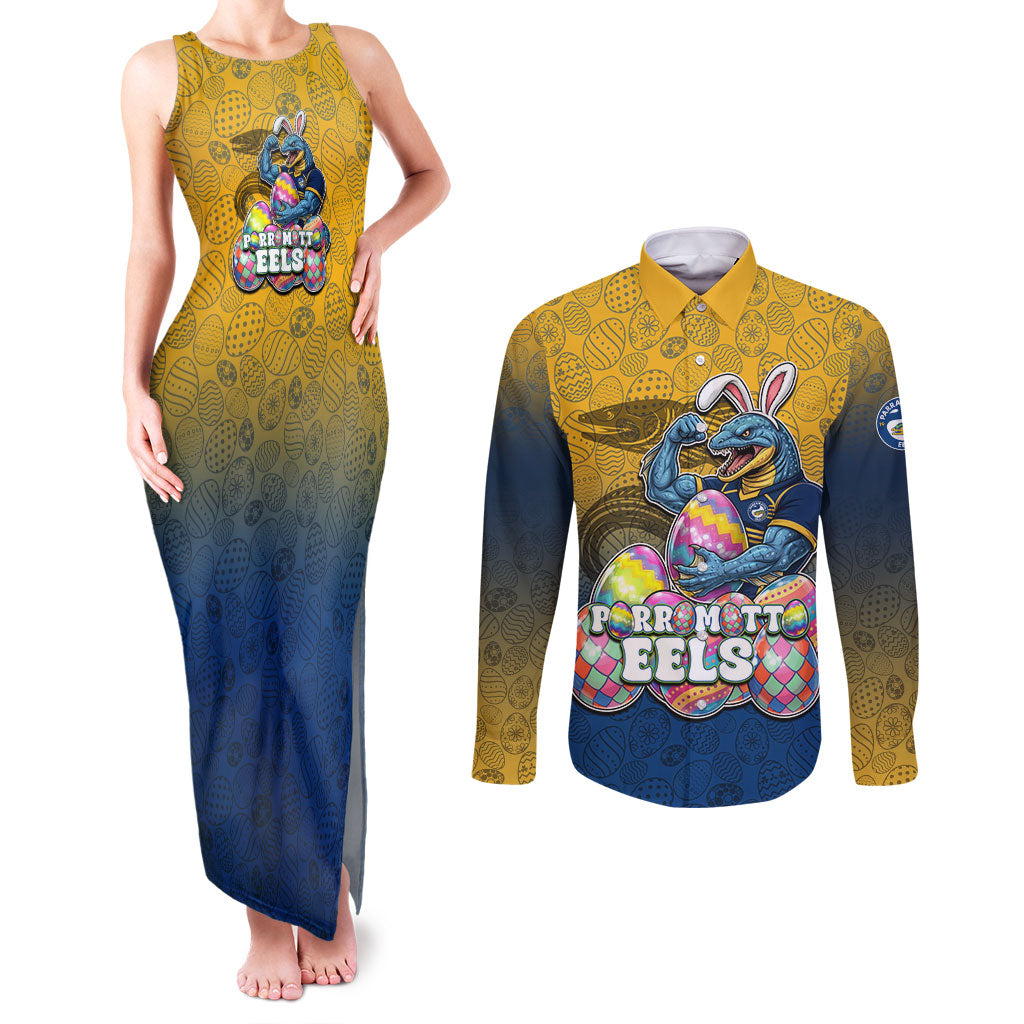 Personalized Parramatta Eels Couples Matching Tank Maxi Dress and Long Sleeve Button Shirt Easter Mascot - Colorful Eggs Cartoon Style