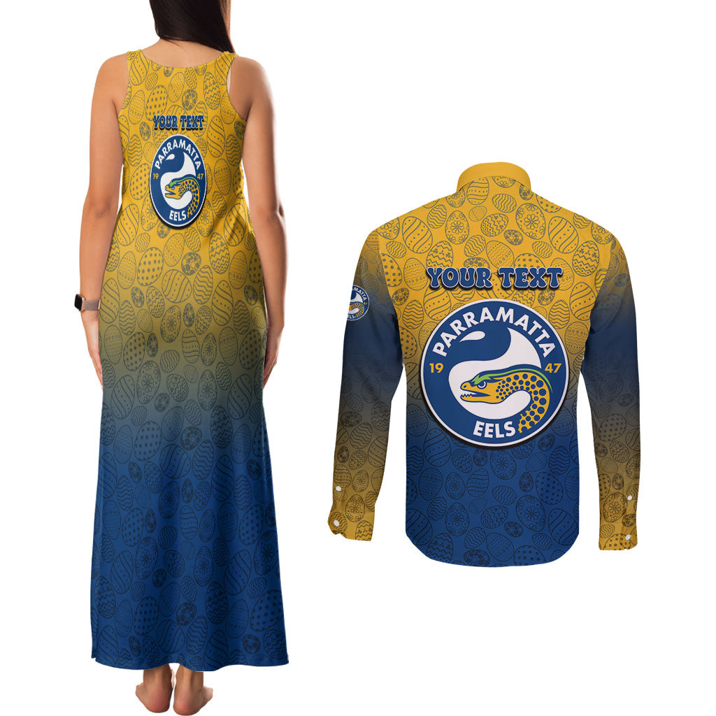 Personalized Parramatta Eels Couples Matching Tank Maxi Dress and Long Sleeve Button Shirt Easter Mascot - Colorful Eggs Cartoon Style