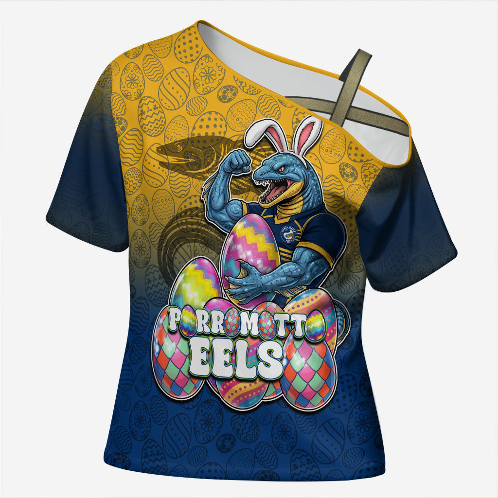 Personalized Parramatta Eels Cross Shoulder Shirt Easter Mascot - Colorful Eggs Cartoon Style