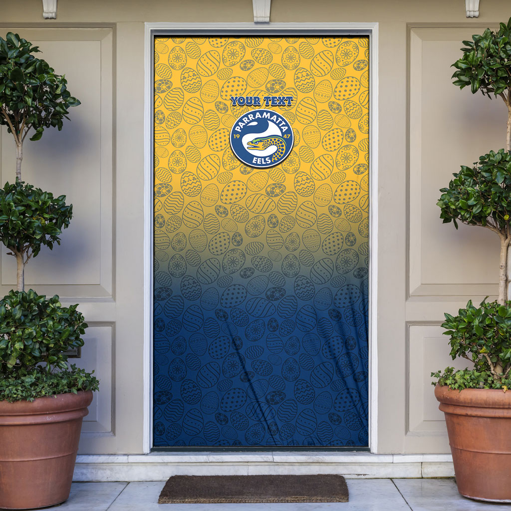 Personalized Parramatta Eels Door Cover Easter Mascot - Colorful Eggs Cartoon Style