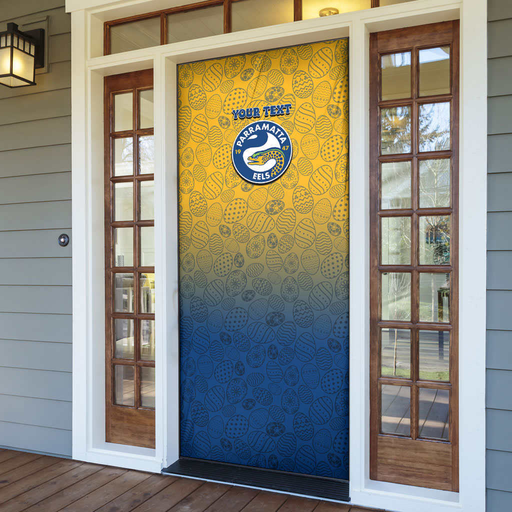Personalized Parramatta Eels Door Cover Easter Mascot - Colorful Eggs Cartoon Style