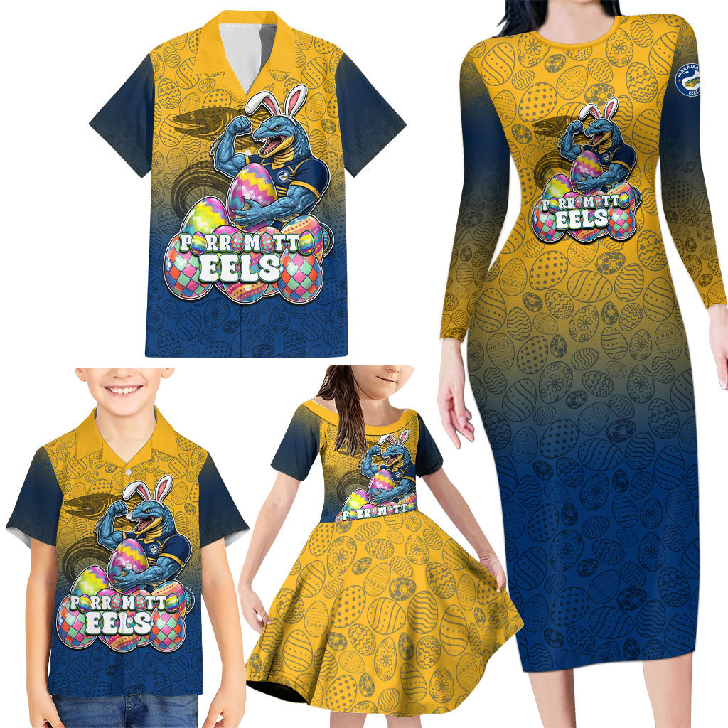 Personalized Parramatta Eels Family Matching Long Sleeve Bodycon Dress and Hawaiian Shirt Easter Mascot - Colorful Eggs Cartoon Style
