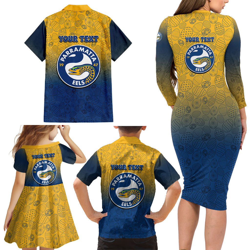 Personalized Parramatta Eels Family Matching Long Sleeve Bodycon Dress and Hawaiian Shirt Easter Mascot - Colorful Eggs Cartoon Style