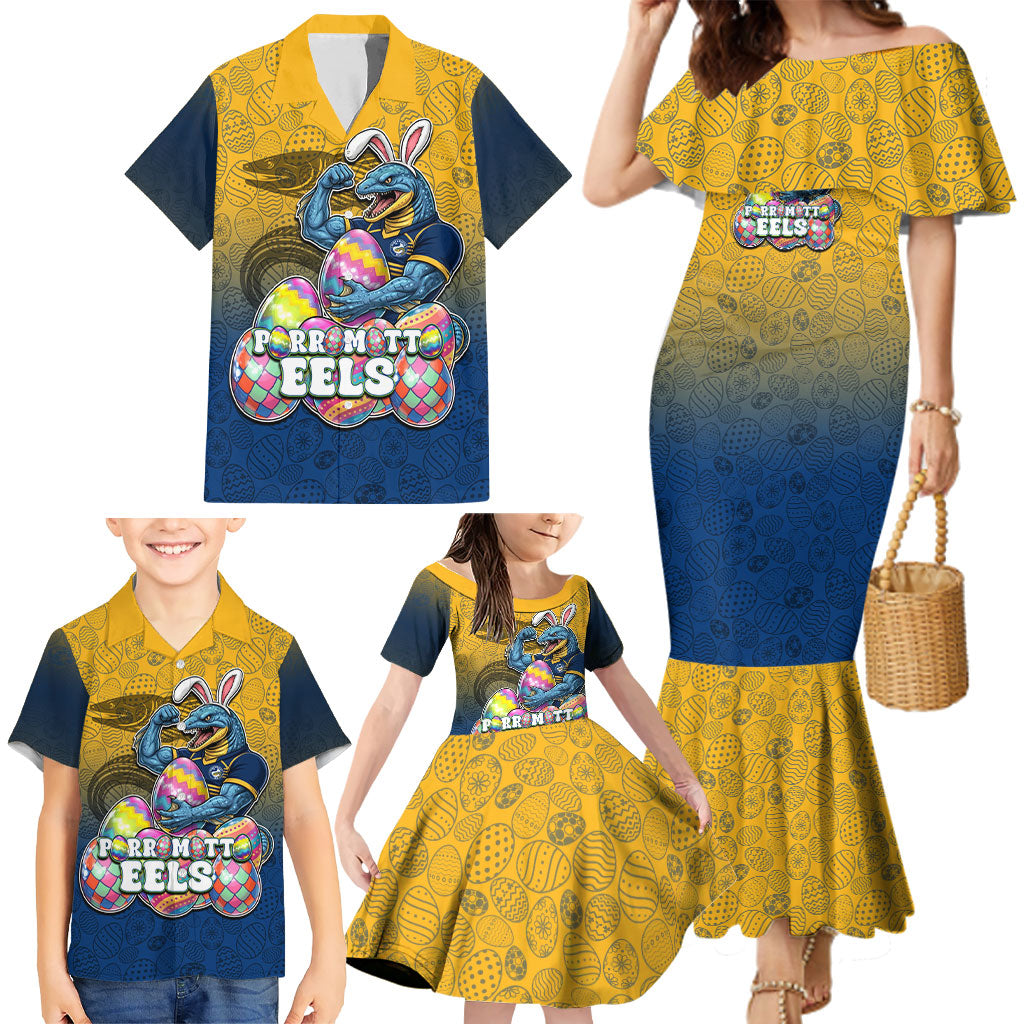 Personalized Parramatta Eels Family Matching Mermaid Dress and Hawaiian Shirt Easter Mascot - Colorful Eggs Cartoon Style