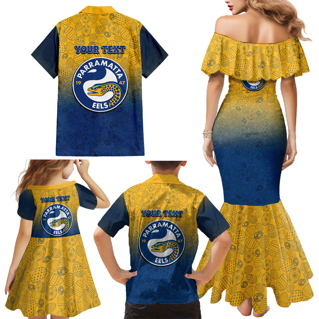 Personalized Parramatta Eels Family Matching Mermaid Dress and Hawaiian Shirt Easter Mascot - Colorful Eggs Cartoon Style