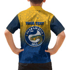 Personalized Parramatta Eels Family Matching Off The Shoulder Long Sleeve Dress and Hawaiian Shirt Easter Mascot - Colorful Eggs Cartoon Style
