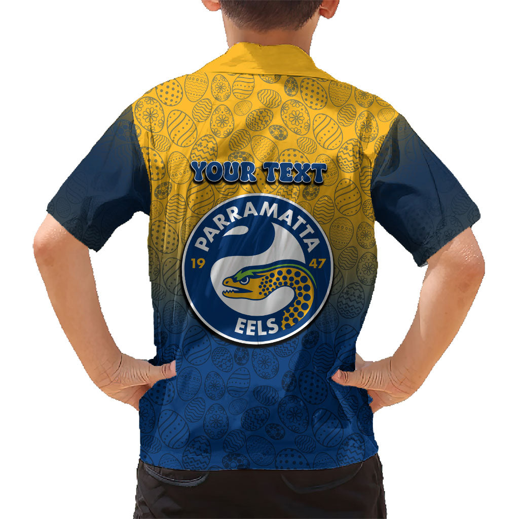Personalized Parramatta Eels Family Matching Off The Shoulder Long Sleeve Dress and Hawaiian Shirt Easter Mascot - Colorful Eggs Cartoon Style