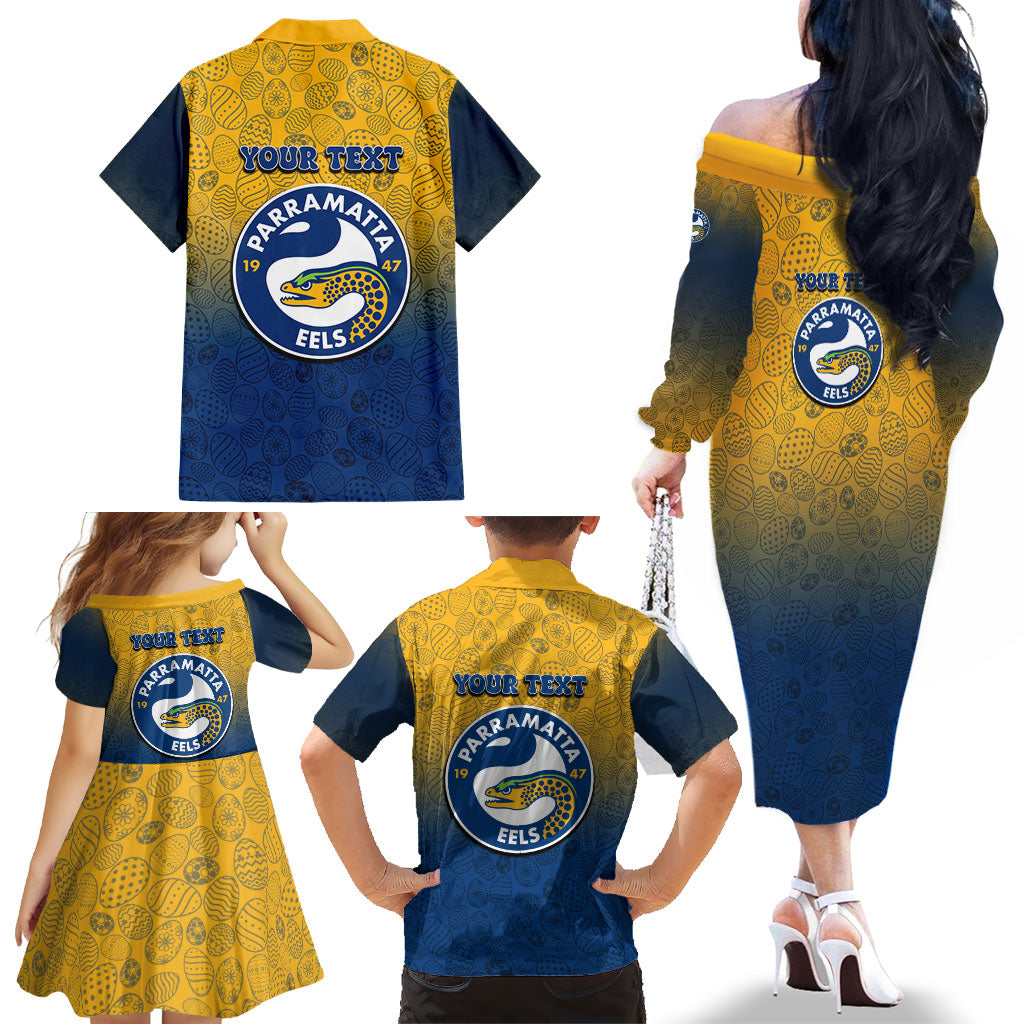 Personalized Parramatta Eels Family Matching Off The Shoulder Long Sleeve Dress and Hawaiian Shirt Easter Mascot - Colorful Eggs Cartoon Style