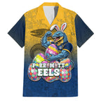 Personalized Parramatta Eels Family Matching Off The Shoulder Long Sleeve Dress and Hawaiian Shirt Easter Mascot - Colorful Eggs Cartoon Style