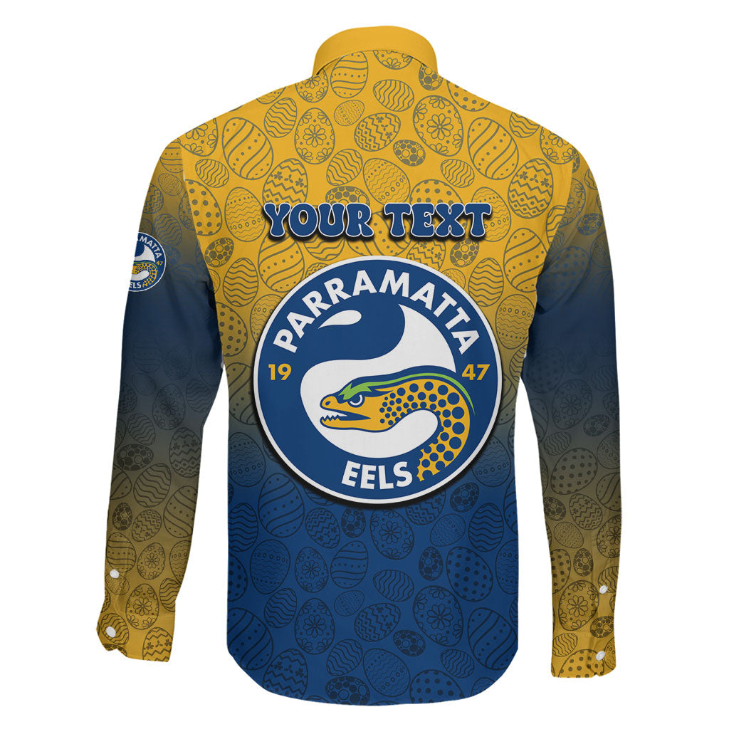 Personalized Parramatta Eels Family Matching Off The Shoulder Long Sleeve Dress and Hawaiian Shirt Easter Mascot - Colorful Eggs Cartoon Style