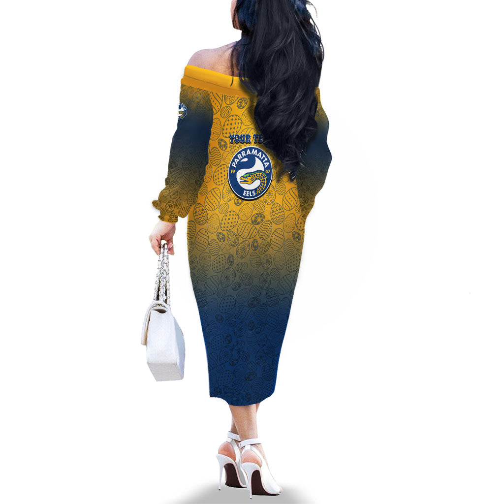 Personalized Parramatta Eels Family Matching Off The Shoulder Long Sleeve Dress and Hawaiian Shirt Easter Mascot - Colorful Eggs Cartoon Style