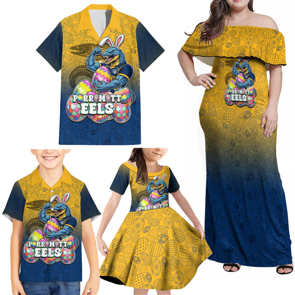 Personalized Parramatta Eels Family Matching Off Shoulder Maxi Dress and Hawaiian Shirt Easter Mascot - Colorful Eggs Cartoon Style