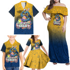 Personalized Parramatta Eels Family Matching Off Shoulder Maxi Dress and Hawaiian Shirt Easter Mascot - Colorful Eggs Cartoon Style