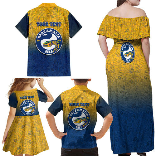 Personalized Parramatta Eels Family Matching Off Shoulder Maxi Dress and Hawaiian Shirt Easter Mascot - Colorful Eggs Cartoon Style