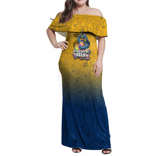 Personalized Parramatta Eels Family Matching Off Shoulder Maxi Dress and Hawaiian Shirt Easter Mascot - Colorful Eggs Cartoon Style