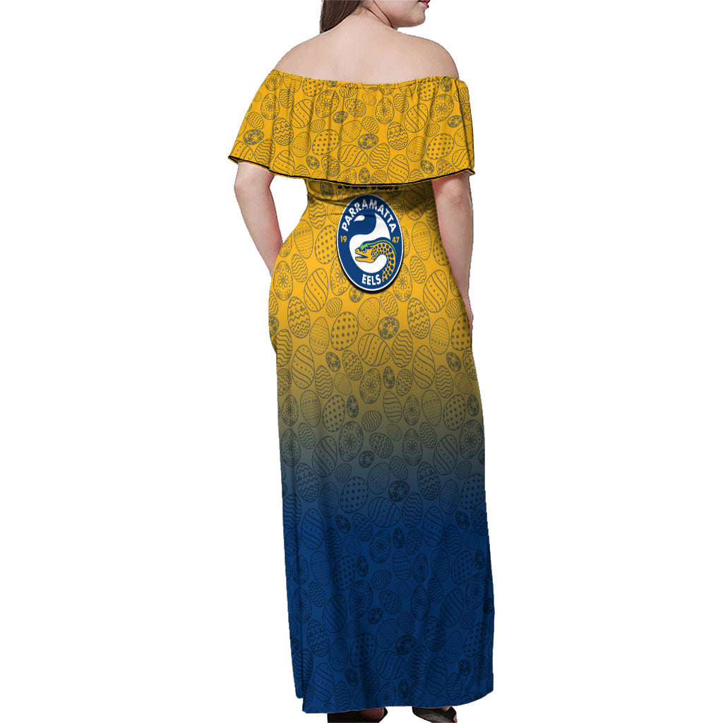 Personalized Parramatta Eels Family Matching Off Shoulder Maxi Dress and Hawaiian Shirt Easter Mascot - Colorful Eggs Cartoon Style