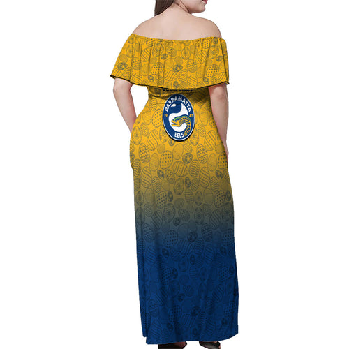 Personalized Parramatta Eels Family Matching Off Shoulder Maxi Dress and Hawaiian Shirt Easter Mascot - Colorful Eggs Cartoon Style