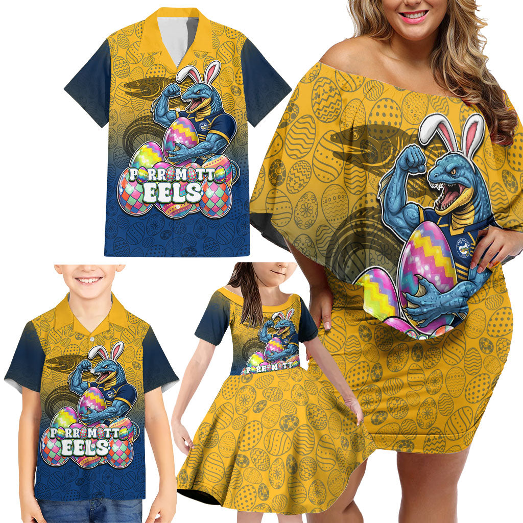 Personalized Parramatta Eels Family Matching Off Shoulder Short Dress and Hawaiian Shirt Easter Mascot - Colorful Eggs Cartoon Style