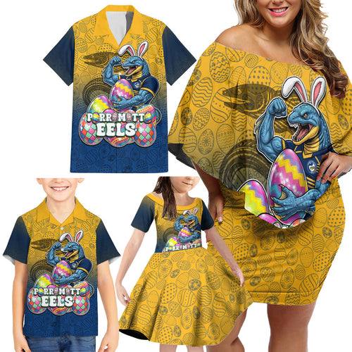 Personalized Parramatta Eels Family Matching Off Shoulder Short Dress and Hawaiian Shirt Easter Mascot - Colorful Eggs Cartoon Style