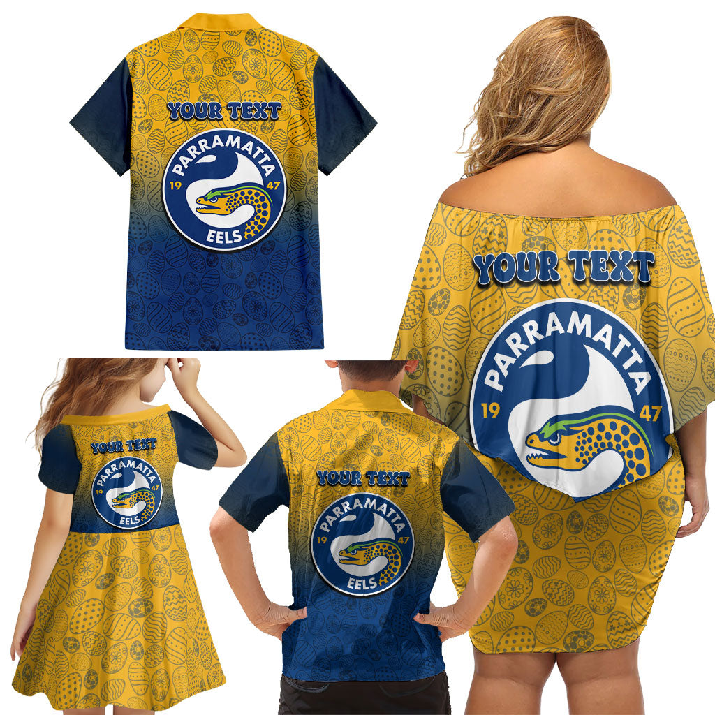 Personalized Parramatta Eels Family Matching Off Shoulder Short Dress and Hawaiian Shirt Easter Mascot - Colorful Eggs Cartoon Style