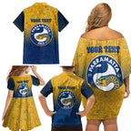 Personalized Parramatta Eels Family Matching Off Shoulder Short Dress and Hawaiian Shirt Easter Mascot - Colorful Eggs Cartoon Style
