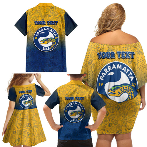 Personalized Parramatta Eels Family Matching Off Shoulder Short Dress and Hawaiian Shirt Easter Mascot - Colorful Eggs Cartoon Style
