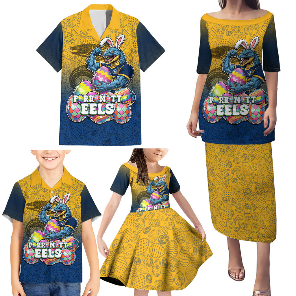 Personalized Parramatta Eels Family Matching Puletasi and Hawaiian Shirt Easter Mascot - Colorful Eggs Cartoon Style