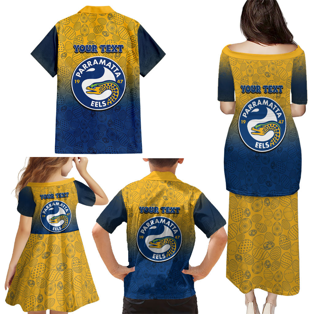 Personalized Parramatta Eels Family Matching Puletasi and Hawaiian Shirt Easter Mascot - Colorful Eggs Cartoon Style