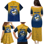 Personalized Parramatta Eels Family Matching Puletasi and Hawaiian Shirt Easter Mascot - Colorful Eggs Cartoon Style