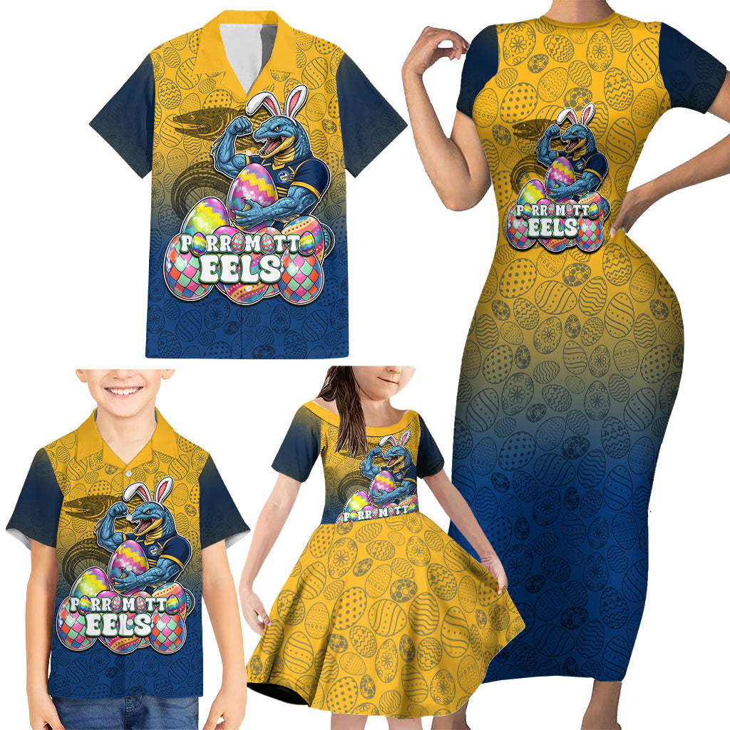 Personalized Parramatta Eels Family Matching Short Sleeve Bodycon Dress and Hawaiian Shirt Easter Mascot - Colorful Eggs Cartoon Style