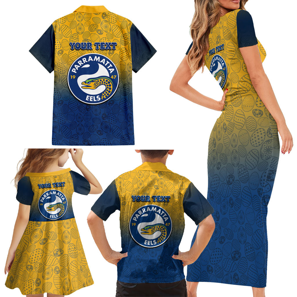 Personalized Parramatta Eels Family Matching Short Sleeve Bodycon Dress and Hawaiian Shirt Easter Mascot - Colorful Eggs Cartoon Style
