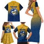 Personalized Parramatta Eels Family Matching Short Sleeve Bodycon Dress and Hawaiian Shirt Easter Mascot - Colorful Eggs Cartoon Style