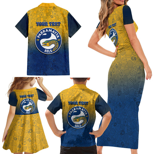Personalized Parramatta Eels Family Matching Short Sleeve Bodycon Dress and Hawaiian Shirt Easter Mascot - Colorful Eggs Cartoon Style