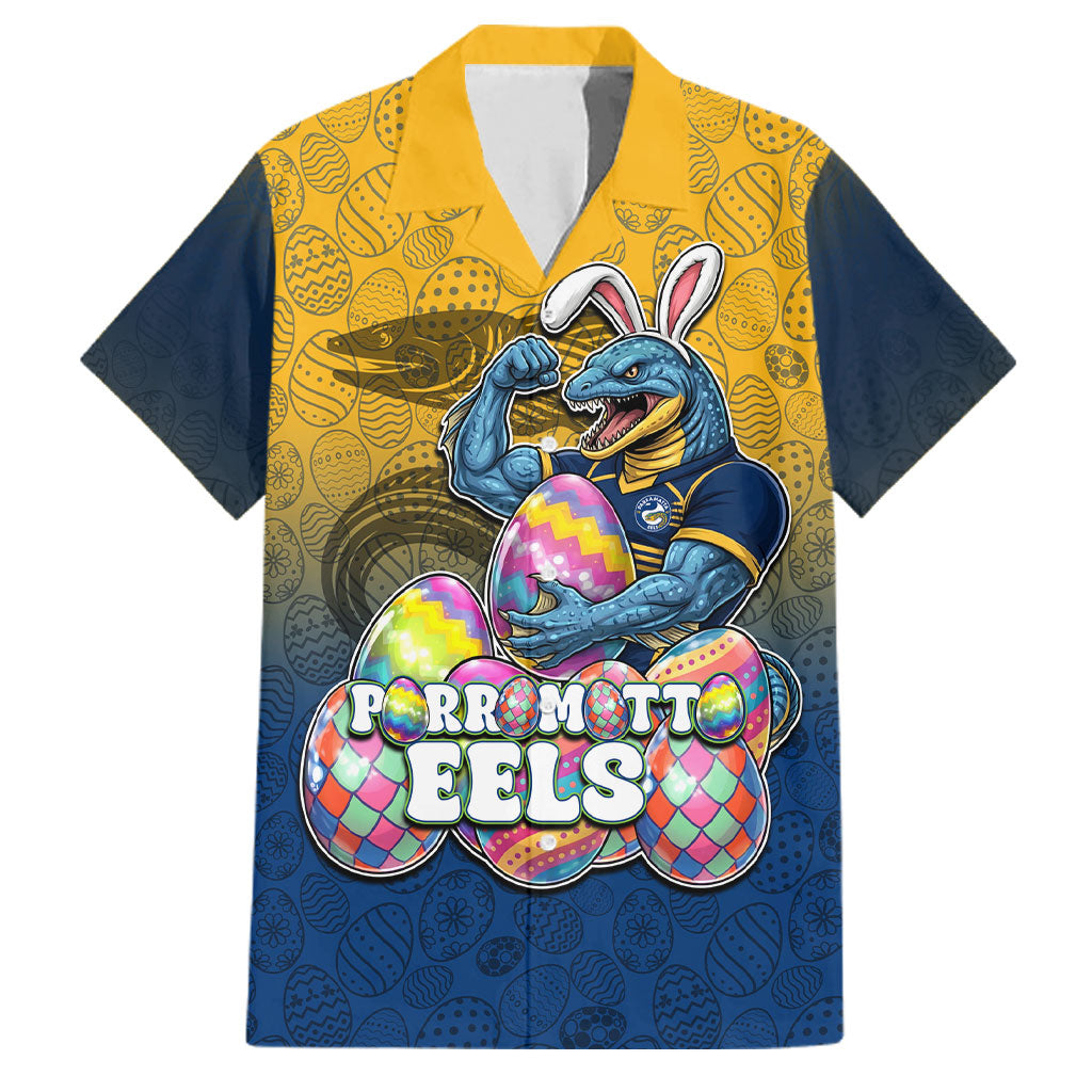 Personalized Parramatta Eels Family Matching Short Sleeve Bodycon Dress and Hawaiian Shirt Easter Mascot - Colorful Eggs Cartoon Style