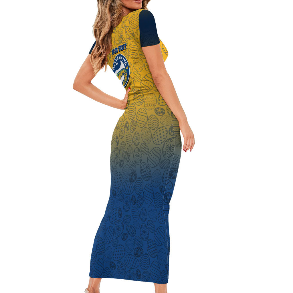 Personalized Parramatta Eels Family Matching Short Sleeve Bodycon Dress and Hawaiian Shirt Easter Mascot - Colorful Eggs Cartoon Style