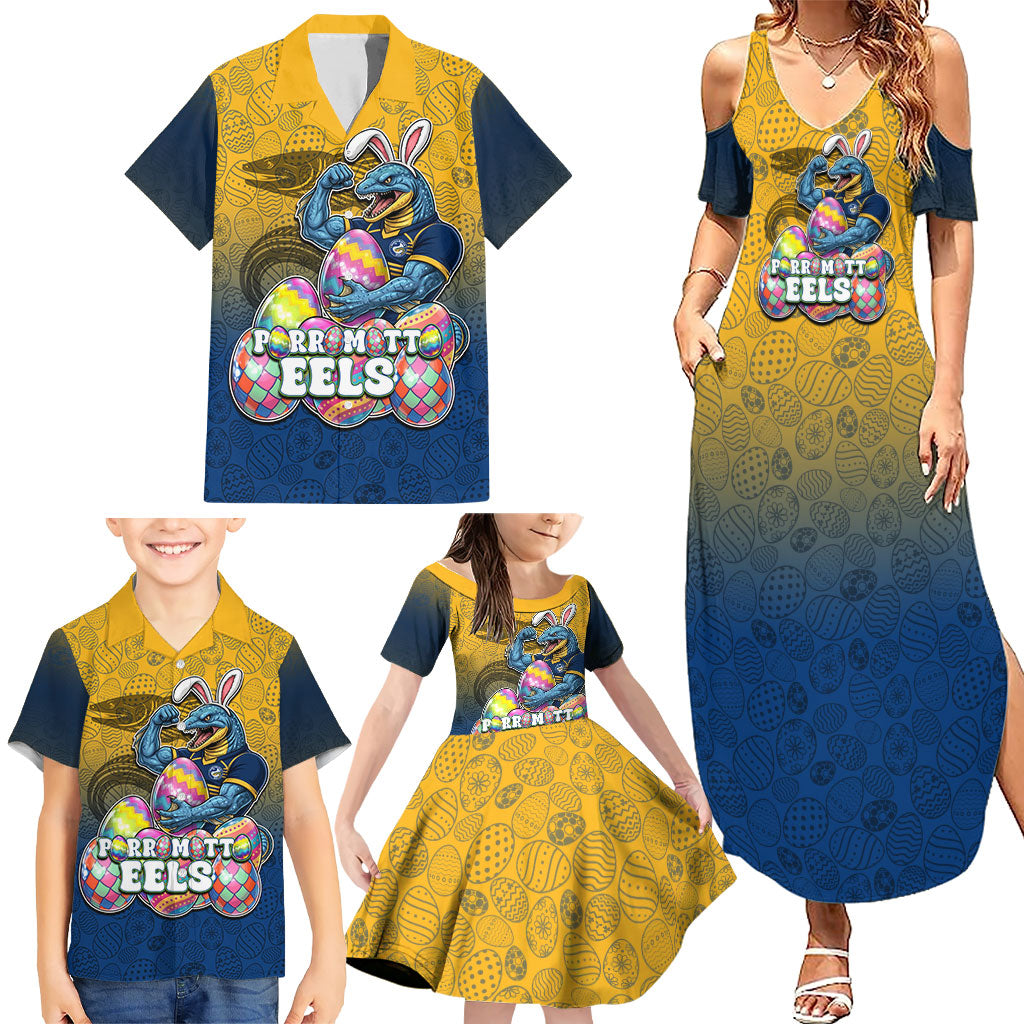 Personalized Parramatta Eels Family Matching Summer Maxi Dress and Hawaiian Shirt Easter Mascot - Colorful Eggs Cartoon Style