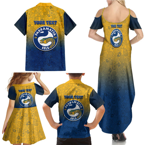 Personalized Parramatta Eels Family Matching Summer Maxi Dress and Hawaiian Shirt Easter Mascot - Colorful Eggs Cartoon Style